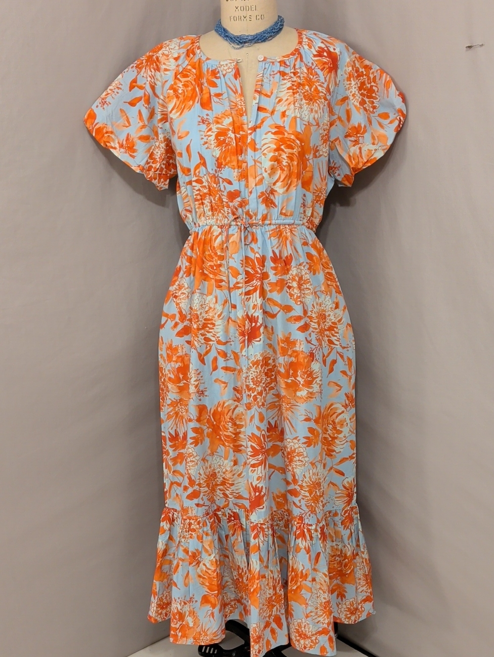 Feminine Floral Maxi Dress w Ruffle Hem Hedy Voyageur by Mersea Cotton Print Lg